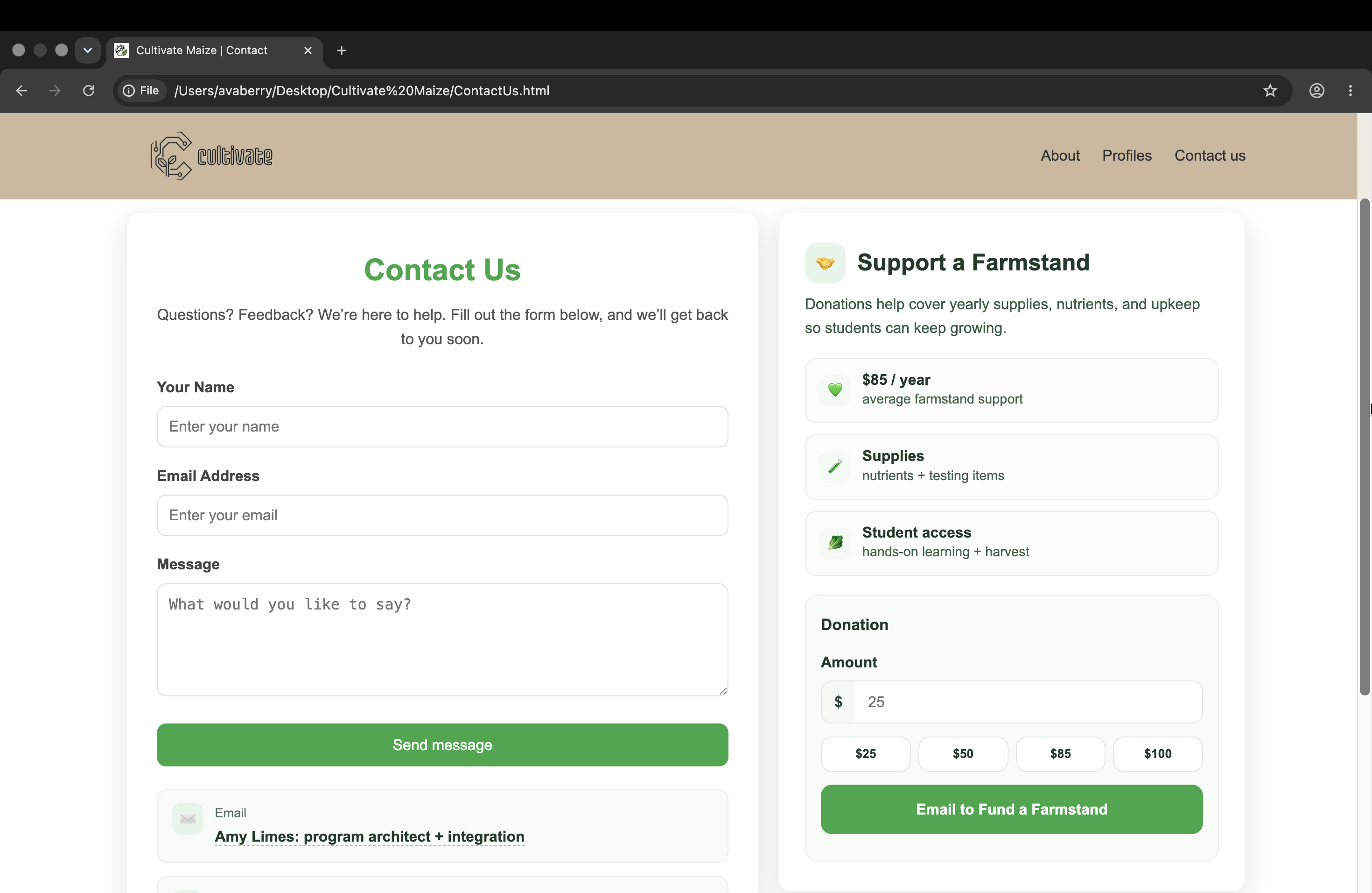 Cultivate Maize contact page screenshot