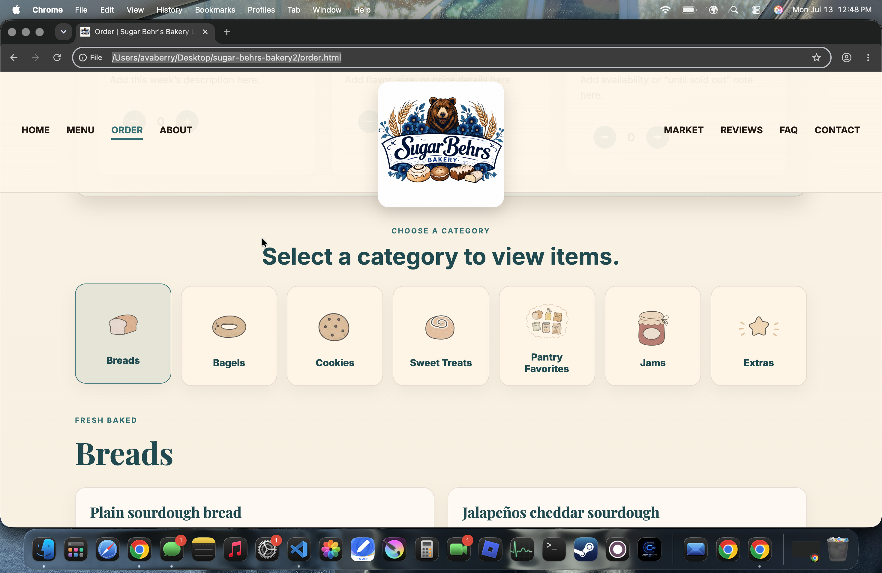 Sugar Behr's Bakery order section screenshot
